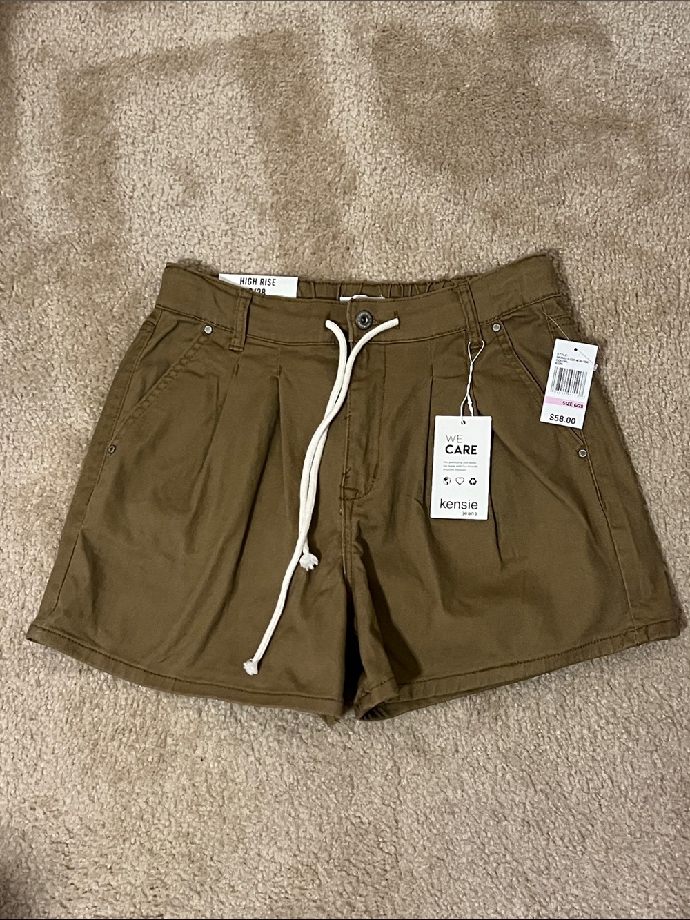 Kensie Olive Green Flat Front Shorts with White Drawstring